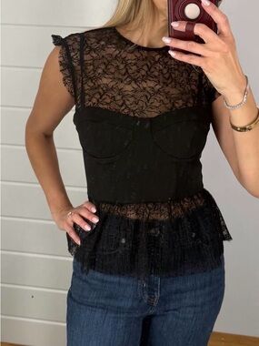 NEW Zara Black Contrast Lace Top with Bustier Underwire